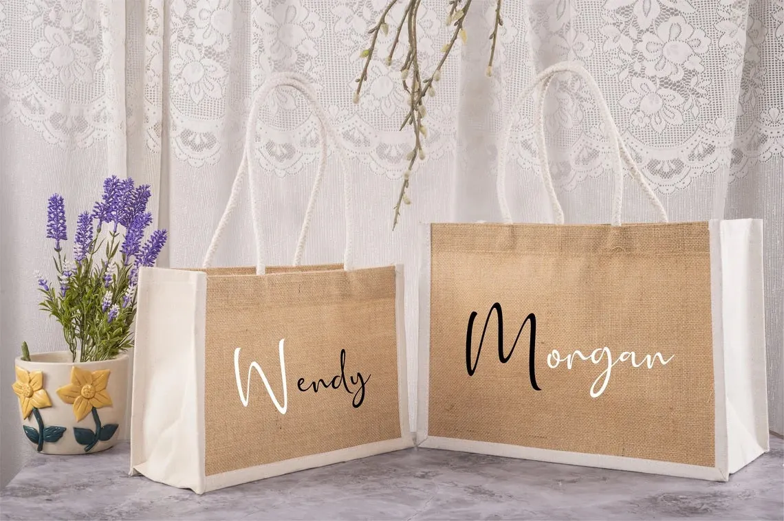 Reusable Shopping Bag, Jute Bag, Bridesmaid Gift Bag, Bridal Party Gift