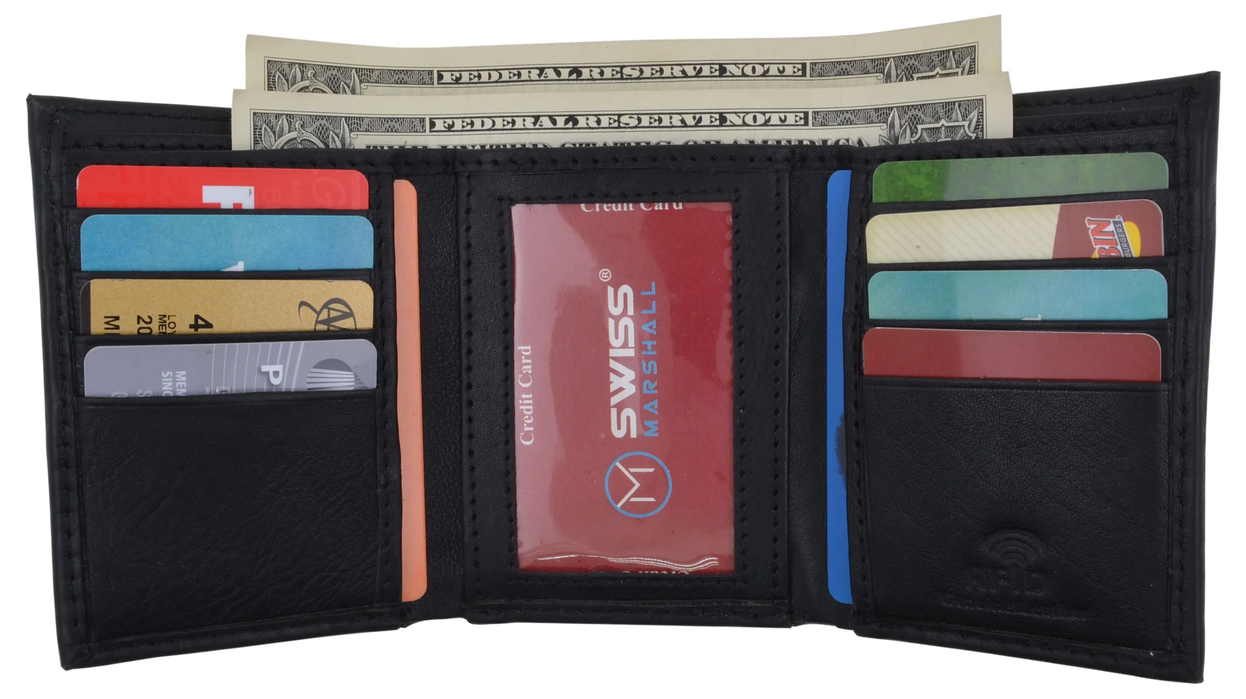 RFID Blocking Premium Leather Black Classic Trifold Credit Card ID Wallet Box