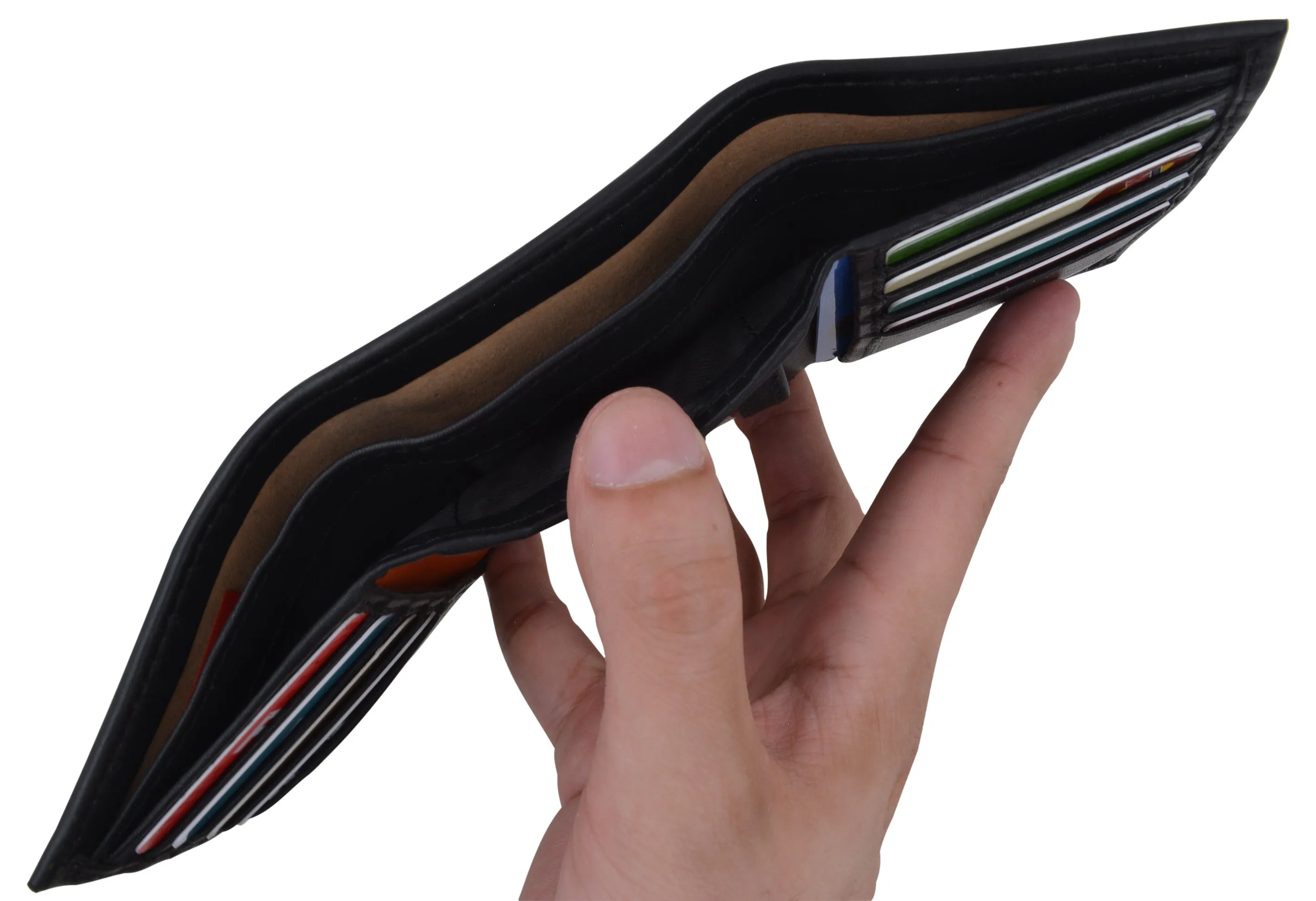 RFID Blocking Premium Leather Black Classic Trifold Credit Card ID Wallet Box