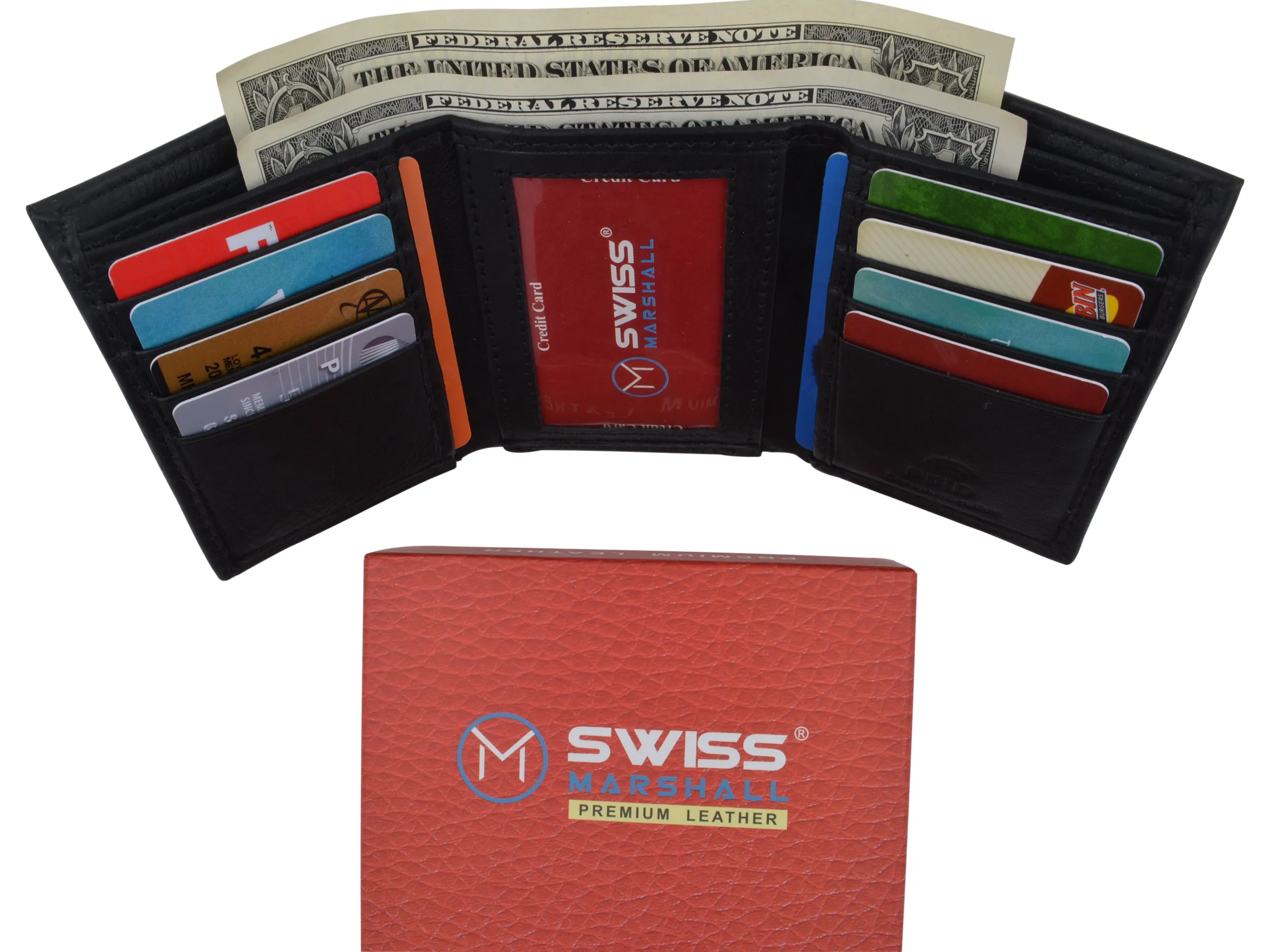 RFID Blocking Premium Leather Black Classic Trifold Credit Card ID Wallet Box