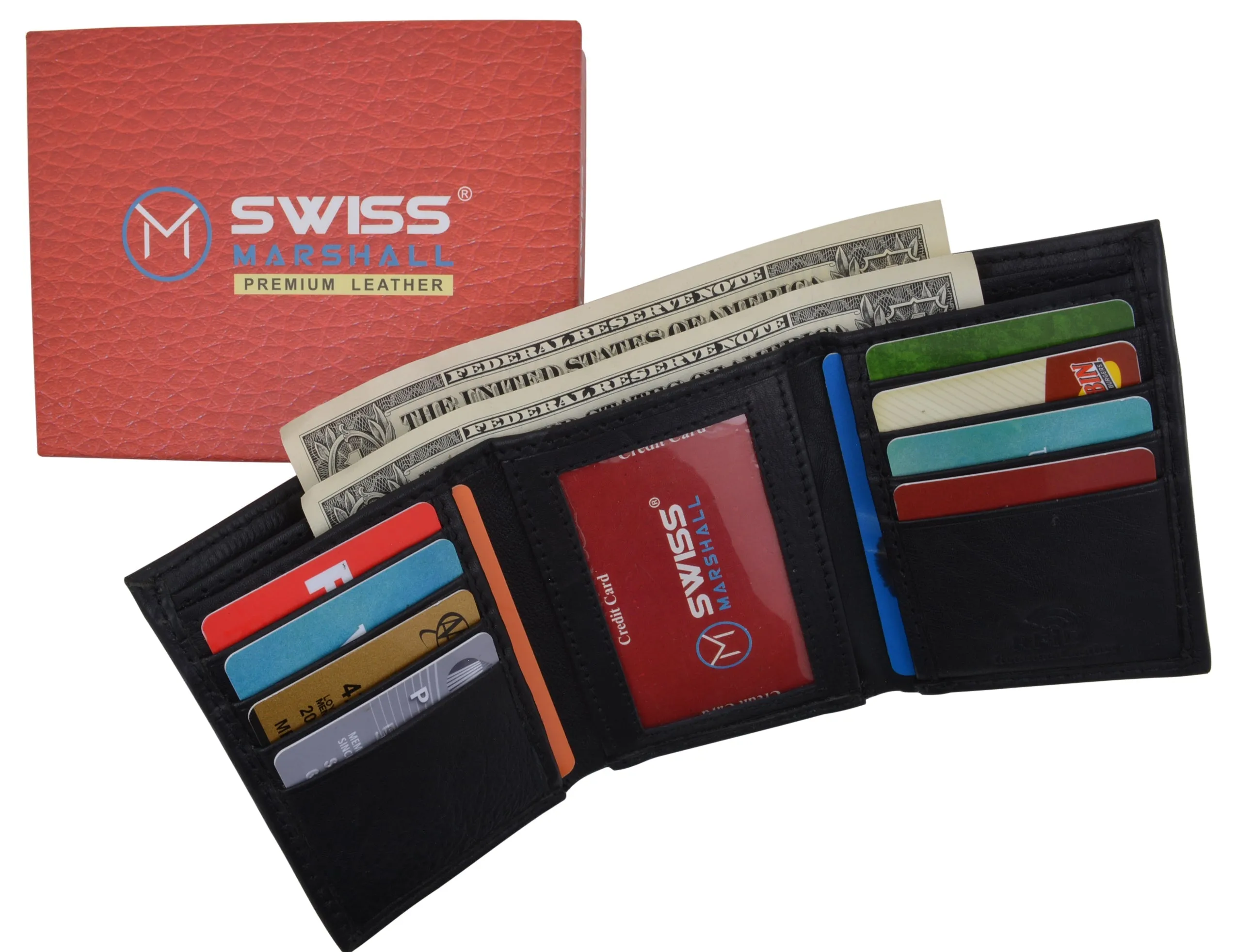 RFID Blocking Premium Leather Black Classic Trifold Credit Card ID Wallet Box