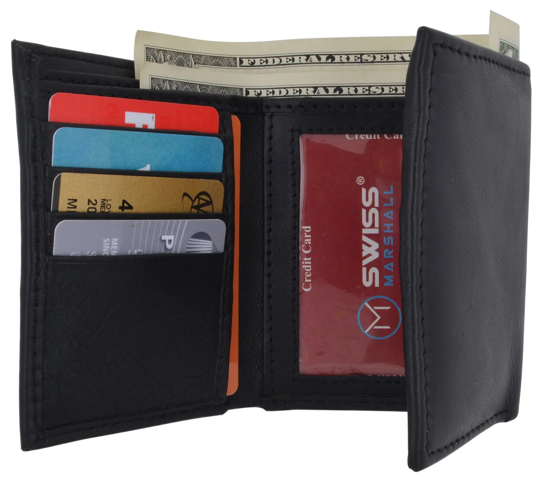 RFID Blocking Premium Leather Black Classic Trifold Credit Card ID Wallet Box