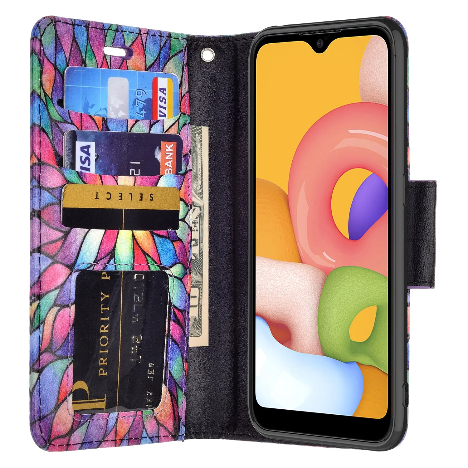 Samsung Galaxy A01 Case, Galaxy A01 Wallet Case, Wrist Strap Pu Leather Wallet Case [Kickstand] with ID & Credit Card Slots - Rainbow Flower