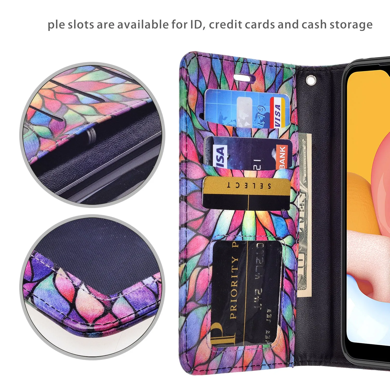 Samsung Galaxy A01 Case, Galaxy A01 Wallet Case, Wrist Strap Pu Leather Wallet Case [Kickstand] with ID & Credit Card Slots - Rainbow Flower