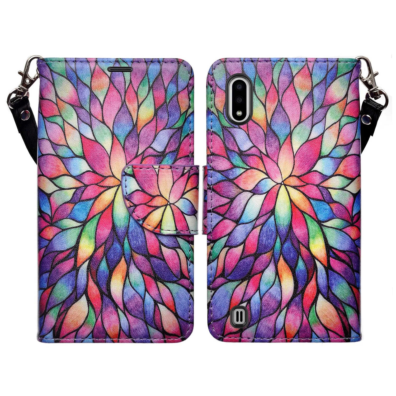 Samsung Galaxy A01 Case, Galaxy A01 Wallet Case, Wrist Strap Pu Leather Wallet Case [Kickstand] with ID & Credit Card Slots - Rainbow Flower