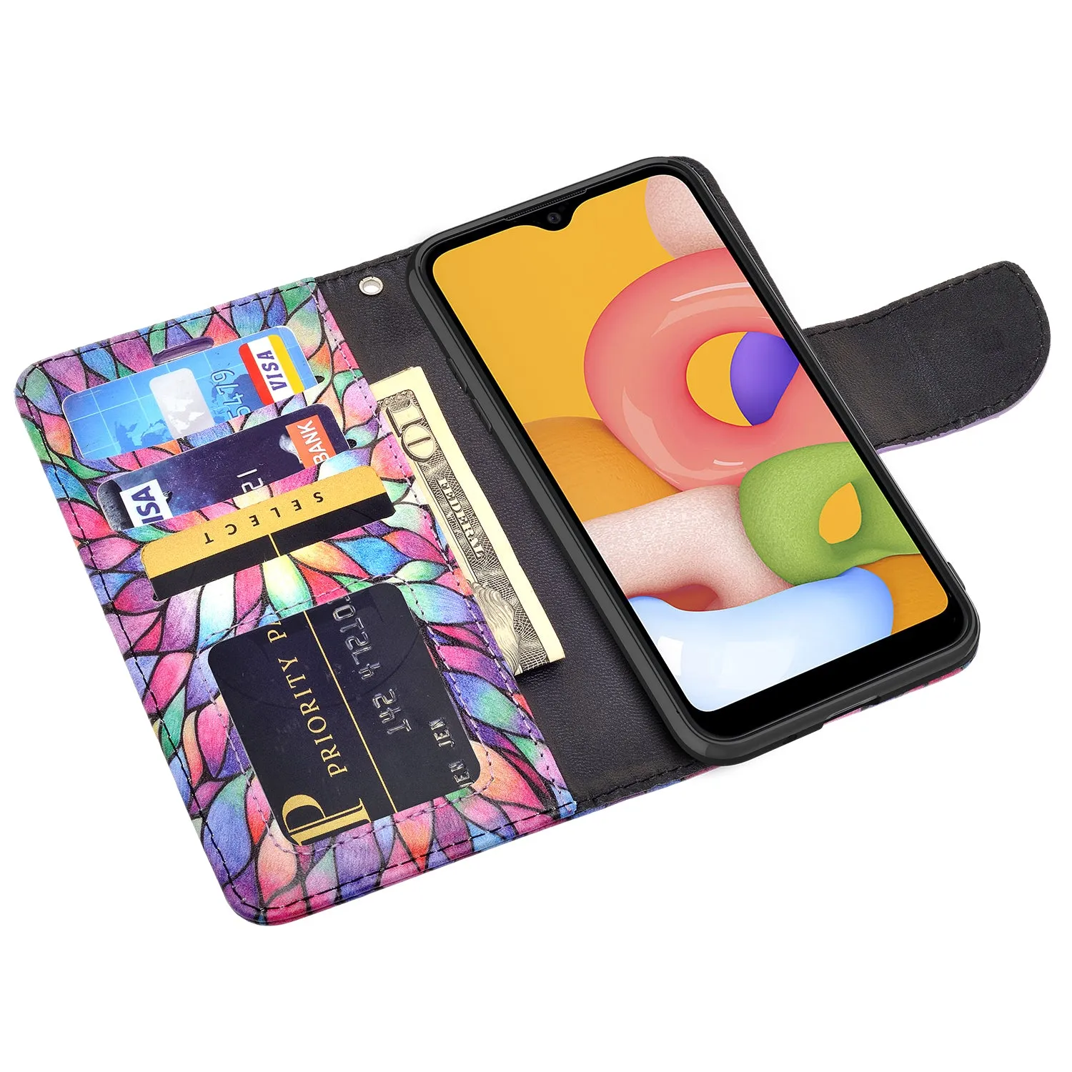Samsung Galaxy A01 Case, Galaxy A01 Wallet Case, Wrist Strap Pu Leather Wallet Case [Kickstand] with ID & Credit Card Slots - Rainbow Flower