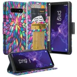 Samsung Galaxy S10 Plus Case, Galaxy S10  Wallet Case, Wrist Strap Pu Leather Wallet Case [Kickstand] with ID & Credit Card Slots - Rainbow Flower