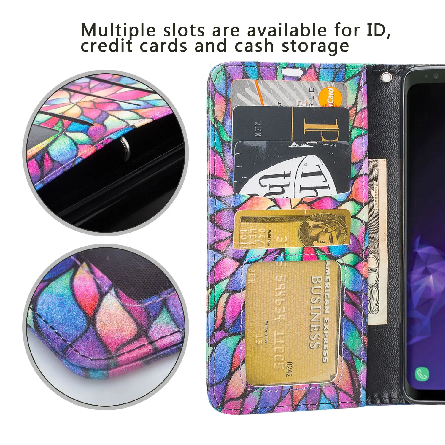 Samsung Galaxy S10 Plus Case, Galaxy S10  Wallet Case, Wrist Strap Pu Leather Wallet Case [Kickstand] with ID & Credit Card Slots - Rainbow Flower