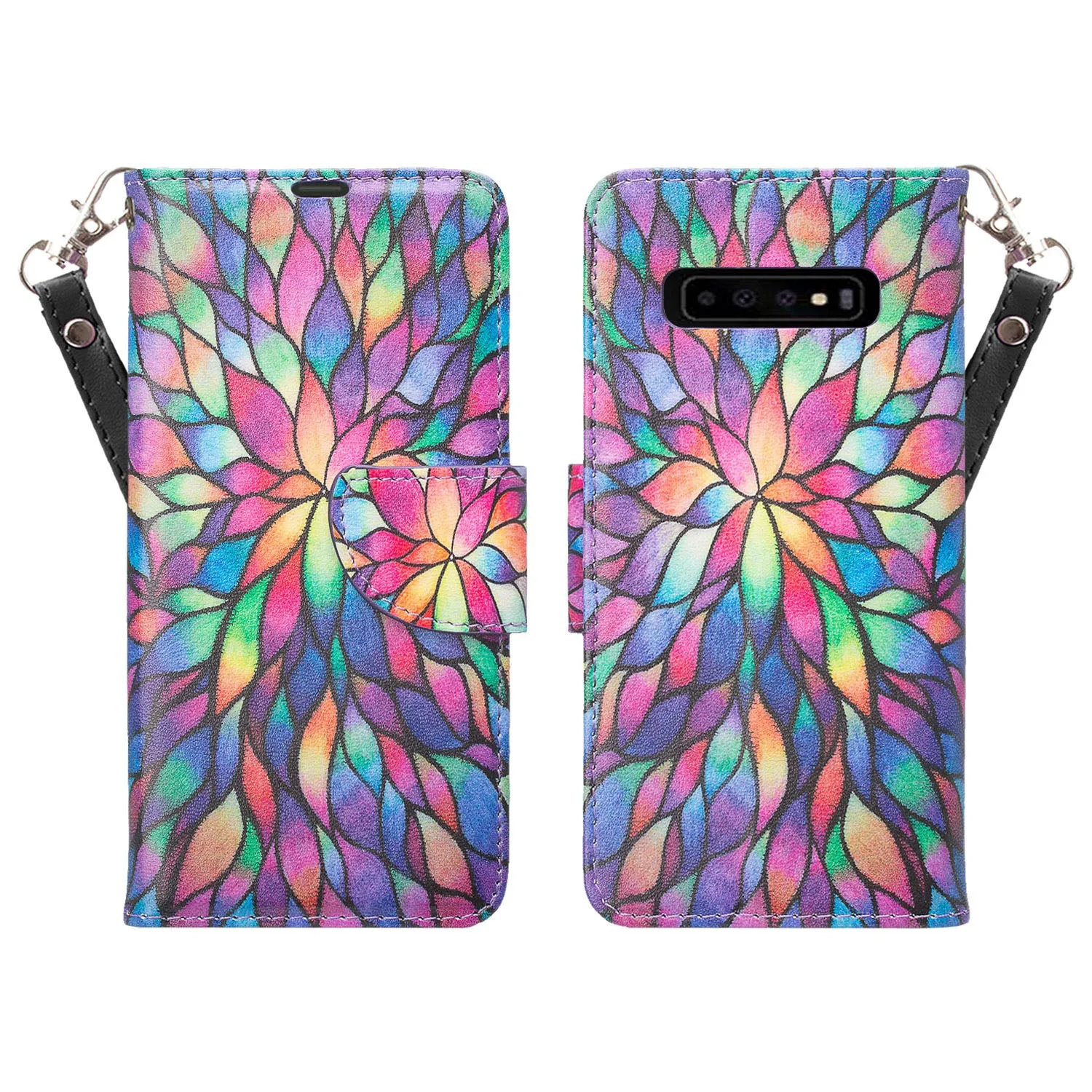 Samsung Galaxy S10 Plus Case, Galaxy S10  Wallet Case, Wrist Strap Pu Leather Wallet Case [Kickstand] with ID & Credit Card Slots - Rainbow Flower