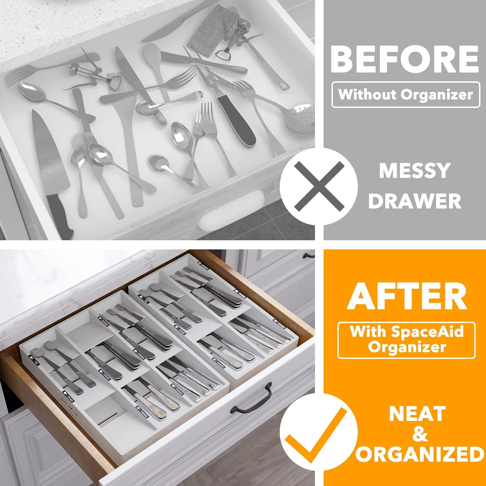 SpaceAid Bamboo Kitchen Utensil Organizer, White, 6 Slots