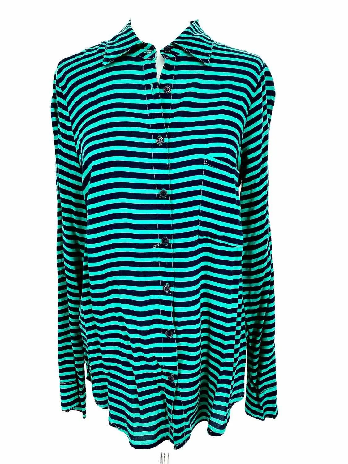 Splendid Women's Green/Navy Button Up Stripe Size S Long Sleeve