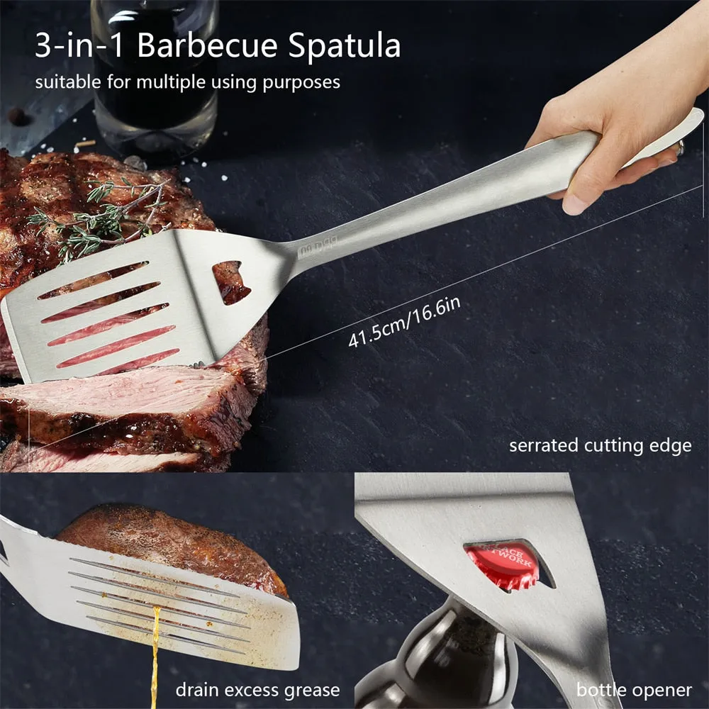Stainless Steel BBQ Tools Set Spatula Fork Tongs Brush Skewers