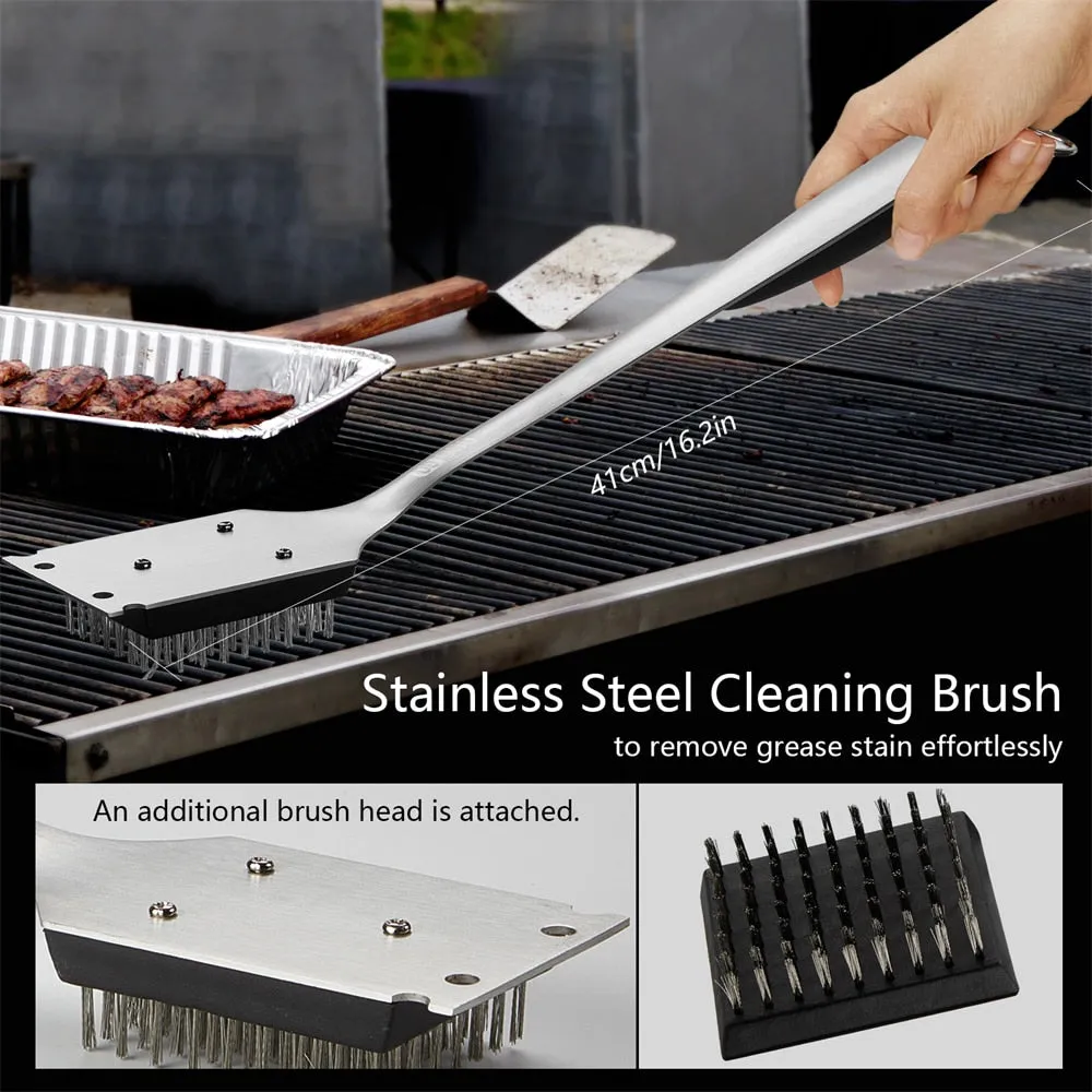 Stainless Steel BBQ Tools Set Spatula Fork Tongs Brush Skewers