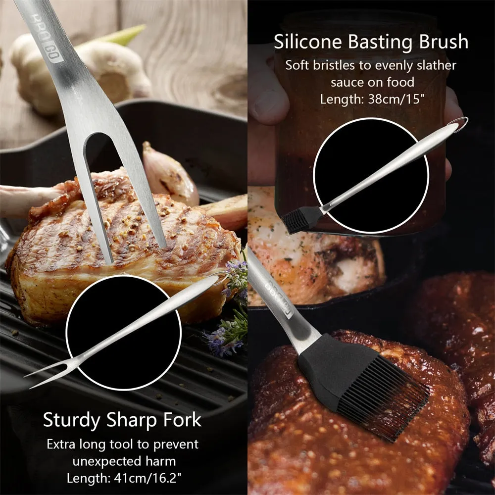 Stainless Steel BBQ Tools Set Spatula Fork Tongs Brush Skewers
