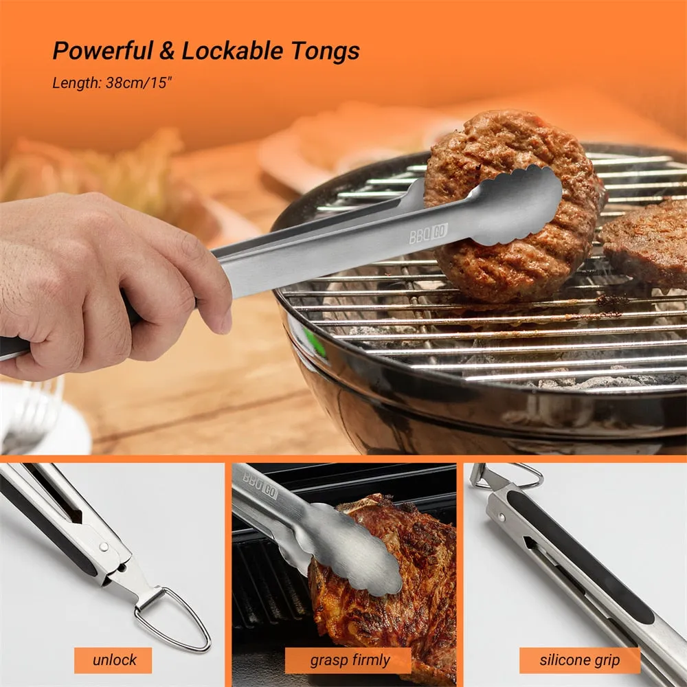 Stainless Steel BBQ Tools Set Spatula Fork Tongs Brush Skewers