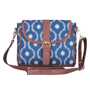 The Clownfish Madeline Printed Handicraft Fabric Handbag for Women Sling Bag Office Bag Ladies Shoulder Bag with Snap Flap Closure Tote For Women College Girls (Royal Blue)