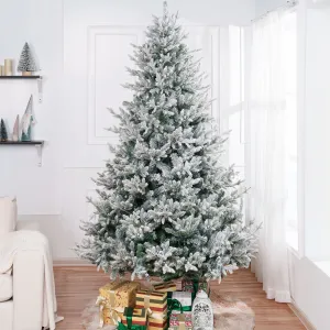 timeless 7.5ft Frosted Christmas Tree with Lights, Realistic Snow Flocked Christmas Tree Prelit with 3266 Branch Tips, 650 Warm Lights and Metal Stand, Aritificial Christmas Tree Green 7.5'