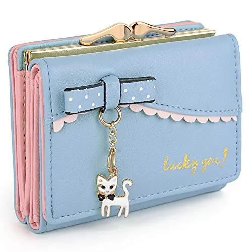 UTO Women's Trifold Wallet Cute Kitty Bowknot Card Holder Small Coin Purse A Light Blue