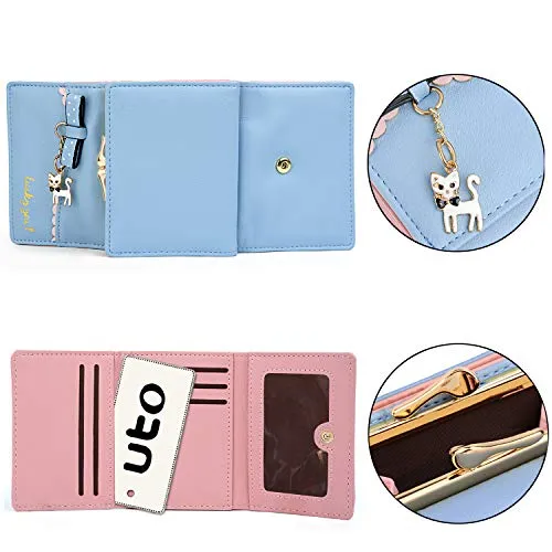 UTO Women's Trifold Wallet Cute Kitty Bowknot Card Holder Small Coin Purse A Light Blue
