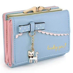 UTO Women's Trifold Wallet Cute Kitty Bowknot Card Holder Small Coin Purse A Light Blue