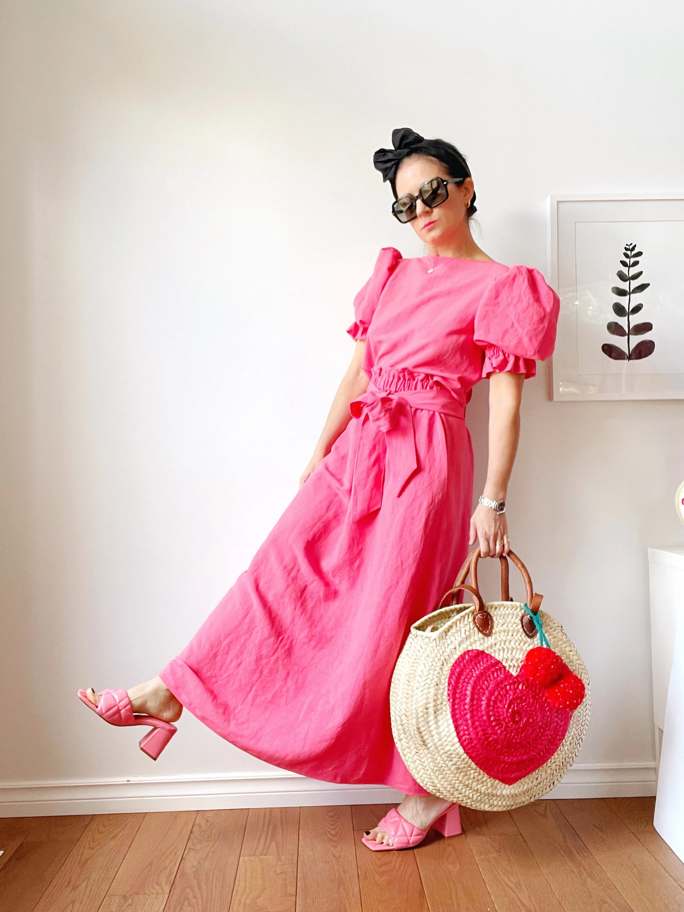 VIVA MAGENTA Round  Straw Bag with Leather Straps and Poms by Poppy Joy Pompoms