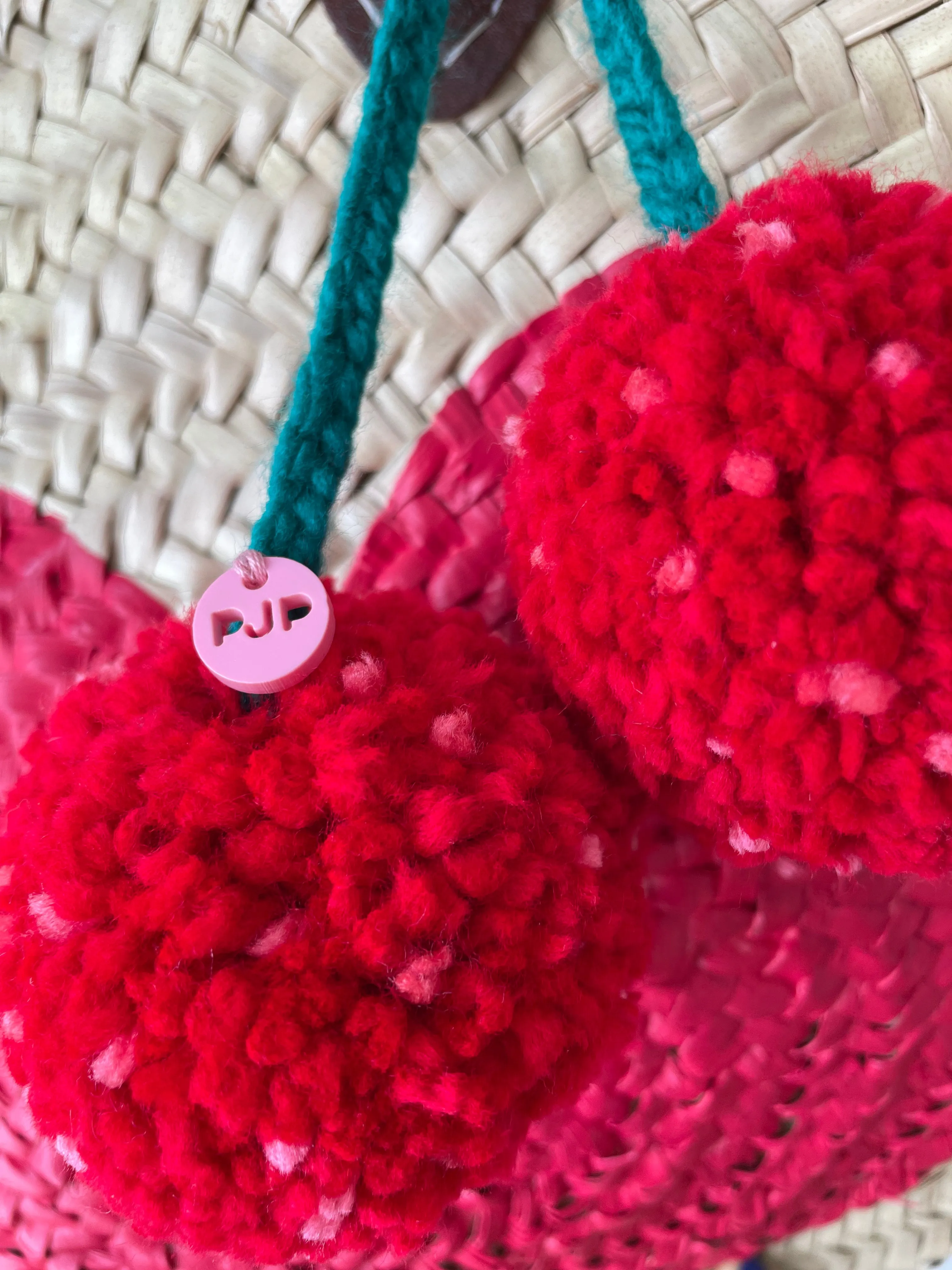 VIVA MAGENTA Round  Straw Bag with Leather Straps and Poms by Poppy Joy Pompoms