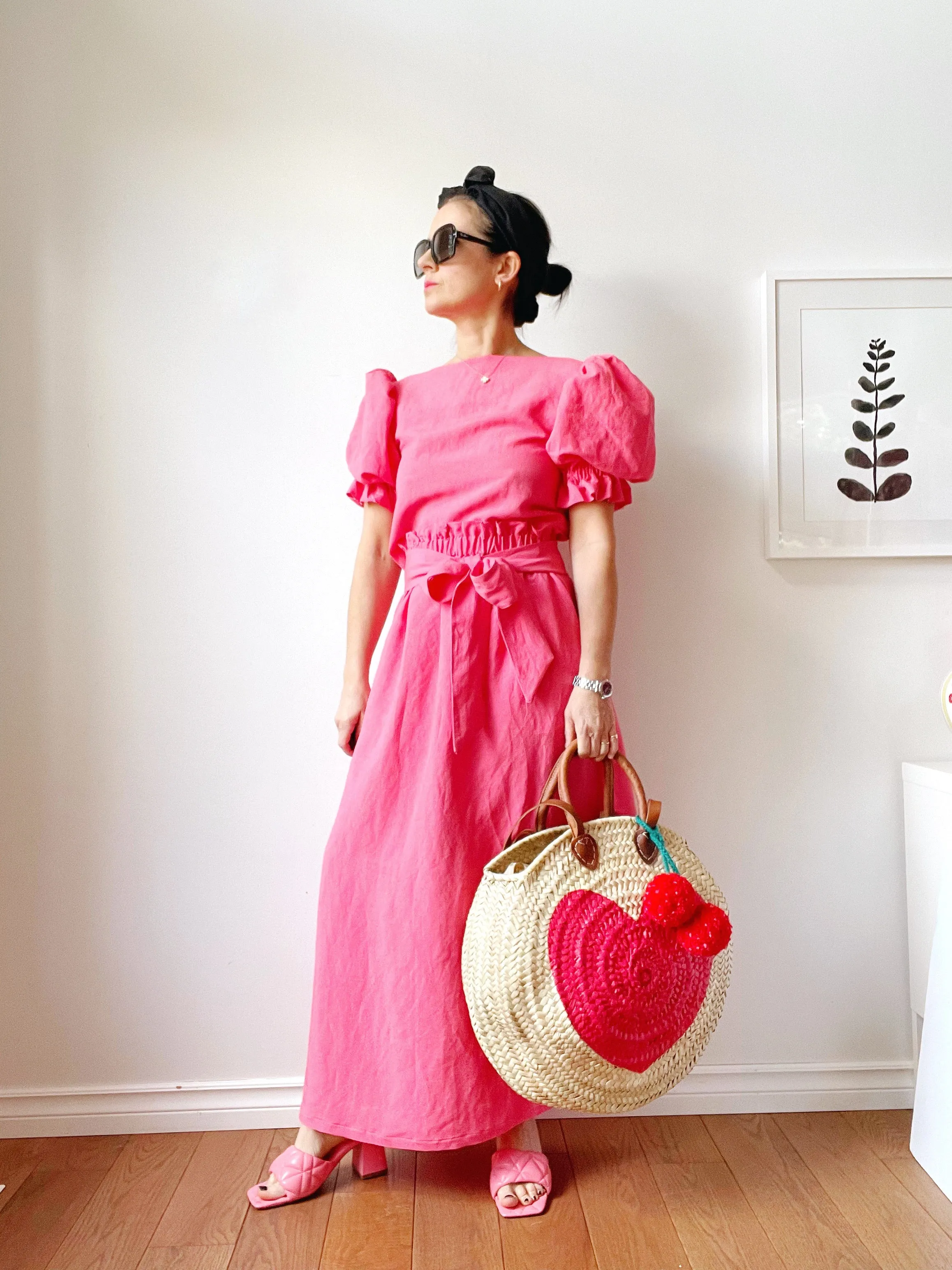 VIVA MAGENTA Round  Straw Bag with Leather Straps and Poms by Poppy Joy Pompoms