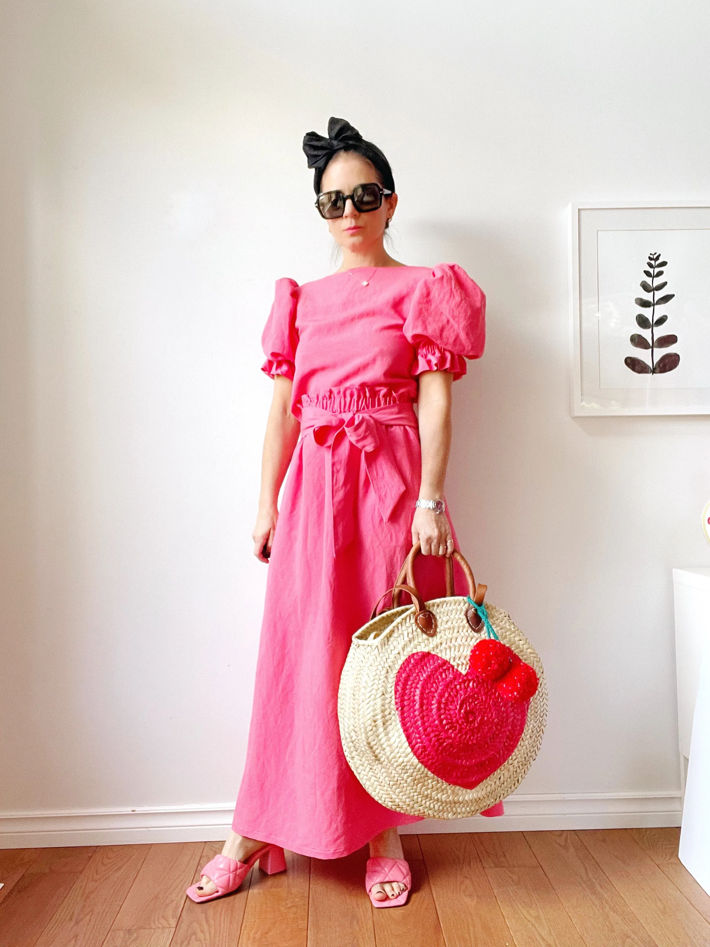 VIVA MAGENTA Round  Straw Bag with Leather Straps and Poms by Poppy Joy Pompoms