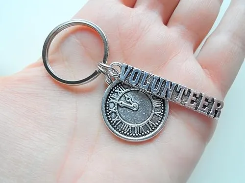 Volunteer Appreciation Keychain with Clock and Volunteer Charm, School and Community Volunteers Keychain