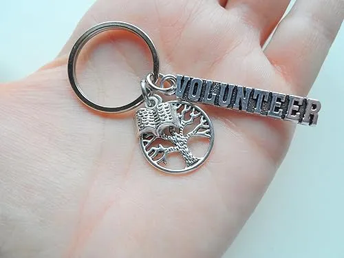 Volunteer Appreciation Keychain with Tree & Book Charms and Volunteer Charm