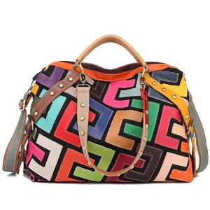 Women’s Multicolor Genuine Leather Geometric Print Medium Boston Bag Tote Bag