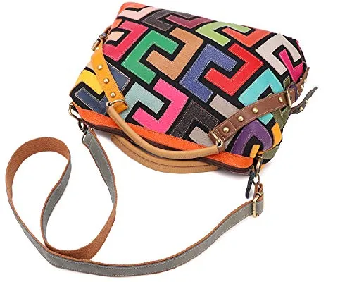 Women’s Multicolor Genuine Leather Geometric Print Medium Boston Bag Tote Bag