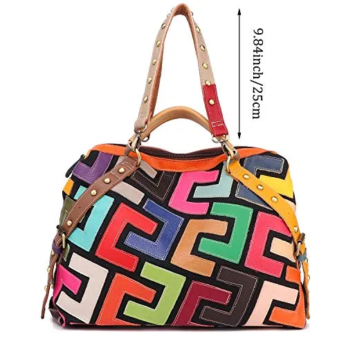 Women’s Multicolor Genuine Leather Geometric Print Medium Boston Bag Tote Bag